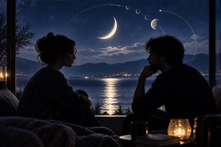 Two silhouetted figures sit by a large window overlooking a moonlit lake, beneath a crescent moon and a dotted orbital graphic; a lamp and mug sit nearby.