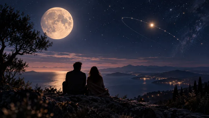 Two established partners sit together beneath a full moon overlooking a quiet indigo sea, with a luminous planet tracing a subtle retrograde arc overhead.