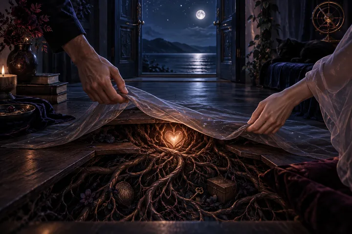 One hand from each person lifts a translucent veil to reveal a glowing heart and tangled roots beneath a moonlit indigo room, symbolizing hidden emotional truth.