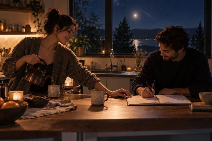 A couple shares tea and writes a plan together in a warm kitchen while moonlight and a subtle retrograde arc appear through the window.