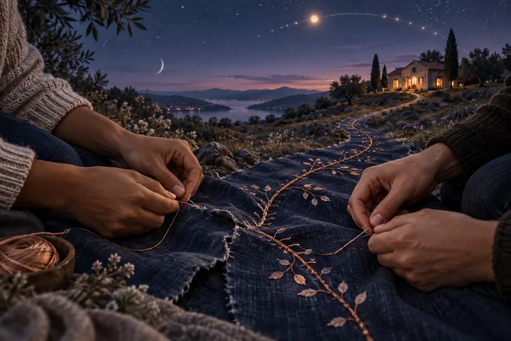 Two people stitch a torn indigo cloth with copper thread as the repaired path leads toward a warmly lit home beneath a reversed celestial arc.