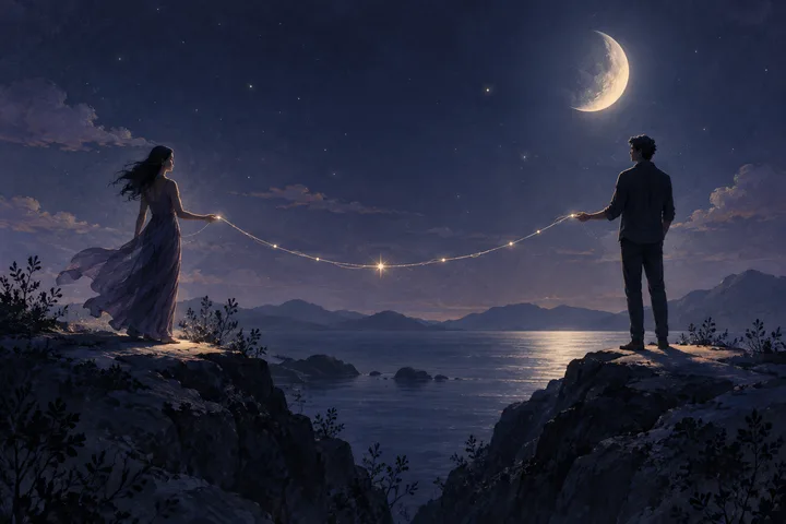 Two people stand apart beneath a moonlit indigo sky, connected by a delicate constellation-like thread of light across a calm lake.