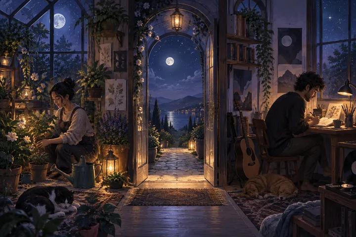 Two people pursue separate interests in adjoining moonlit spaces, linked by an open doorway and a shared path.