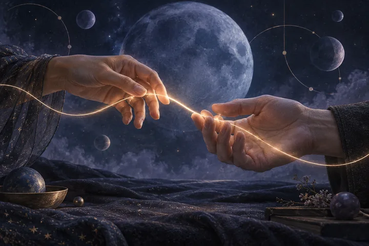 Two hands meet around a glowing thread of light against a large moon, expressing reciprocal participation rather than one-sided longing.