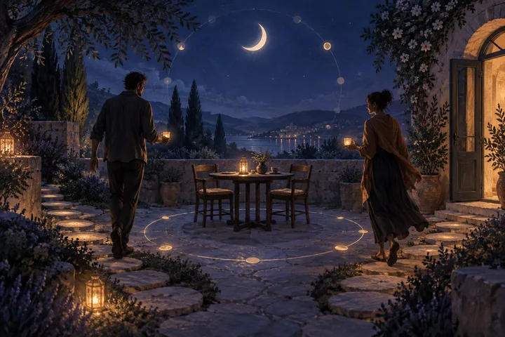 Two people approach a shared moonlit table from separate paths, with warm lights forming a circle that suggests reliable return and repair.