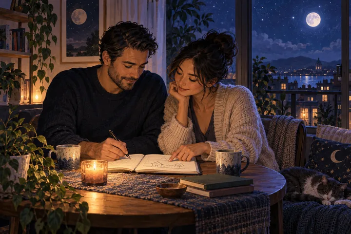 A couple works together on a shared plan at a moonlit table, symbolizing mutual influence and dignity despite unequal income.