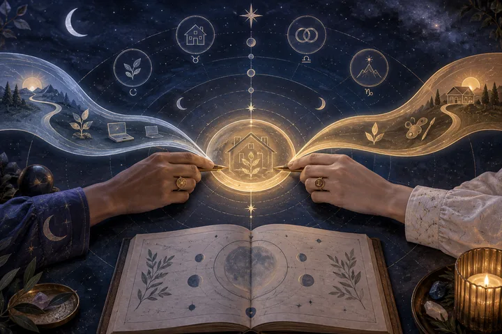 Two equal hands guide separate streams of resources into a shared glowing home within an illustrative celestial relationship map.