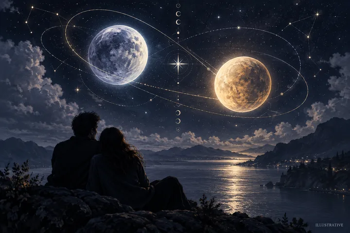 Two luminous paths meet over an illustrative relationship chart beneath a moonlit indigo sky