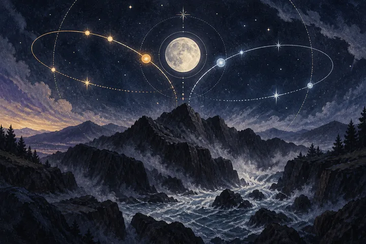 Illustrative synastry overlay with a bright planet lighting one partner's house field