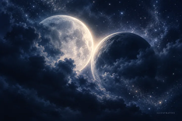 Two intertwined illustrative chart lines open toward a shared horizon in a moonlit sky