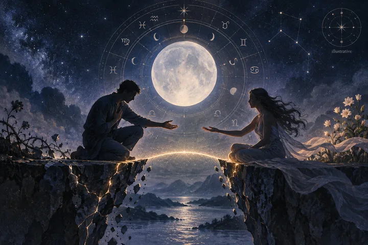 Two people sit on opposite rocky cliffs and reach toward each other beneath a full moon, with a starry sky, circular celestial symbols, mountains, and a lake below.