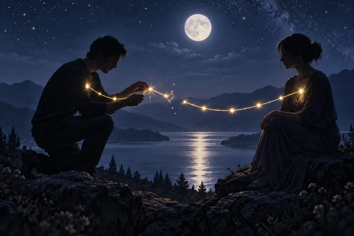 Two people sit facing each other on rocky ground beside a lake, connected by a glowing strand of lights beneath a full moon and starry sky.