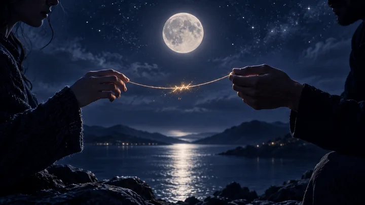 Two people hold opposite ends of a thin glowing strand between them, with sparks at its center, a full moon, mountains, and a lake in the background.