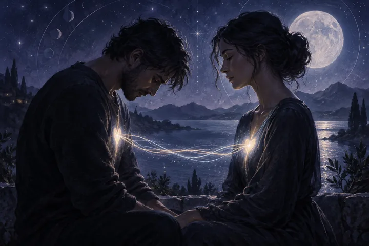 Two people sit facing each other beside a moonlit lake, with several glowing lines connecting their chests beneath a starry sky and full moon.