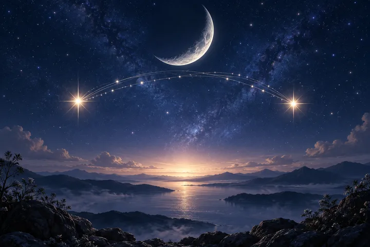 A crescent moon and stars above a glowing lake between dark mountain ranges, with two bright stars connected by curved arcs of light.