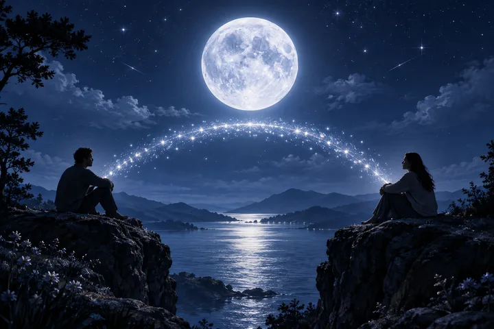 Two silhouetted figures sit on separate rocky cliffs beside a lake beneath a full moon and a sparkling arc of light.