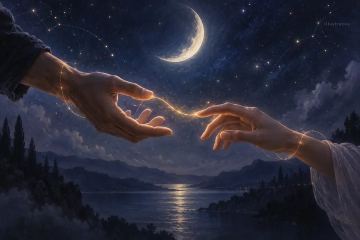 Two hands reach toward each other beneath a crescent moon, connected by a thin glowing thread above a dark lake.