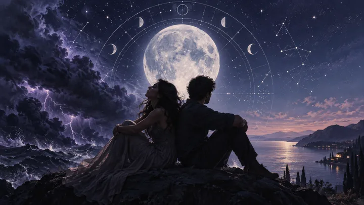 Two figures sit beneath a full moon and a circular star chart while a storm breaks over the sea and calm water opens behind them.