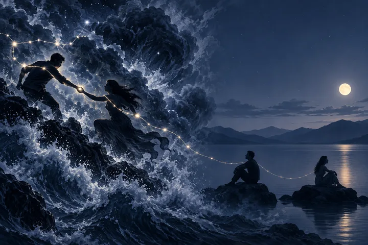 A glowing star-thread links two people reaching across crashing waves, then trails toward two separate figures resting beside a quiet moonlit lake.
