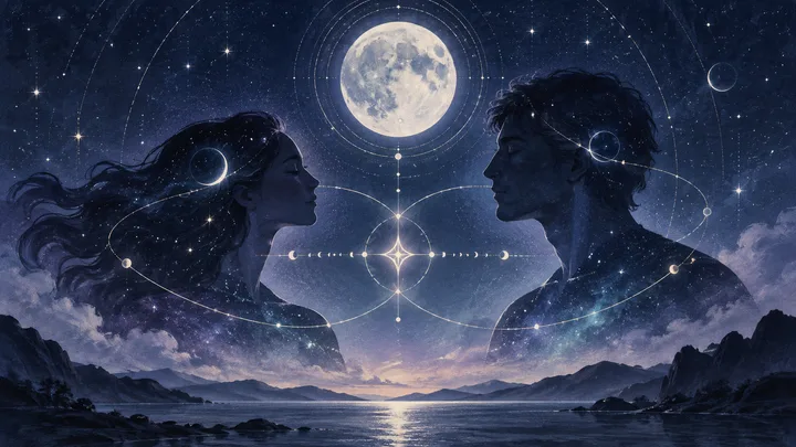 Two silhouetted profiles face each other beneath a full moon in a star-filled sky, with glowing circular lines, mountains, and a calm body of water below.