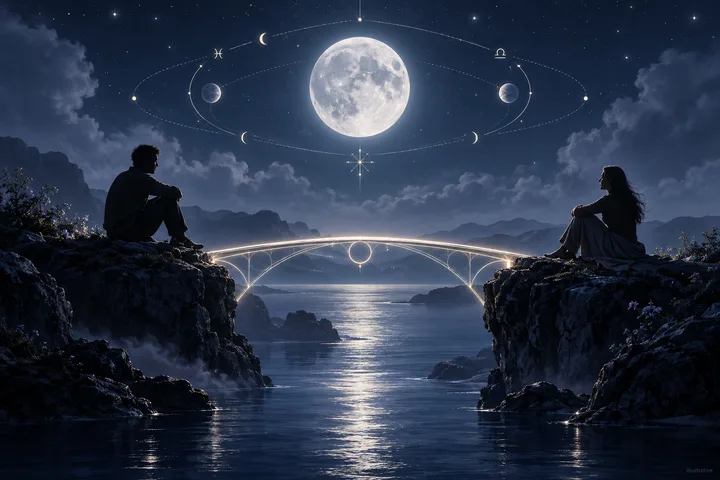 Two silhouetted people sit on cliffs facing each other across a narrow body of water, connected by a glowing arched bridge beneath a full moon.