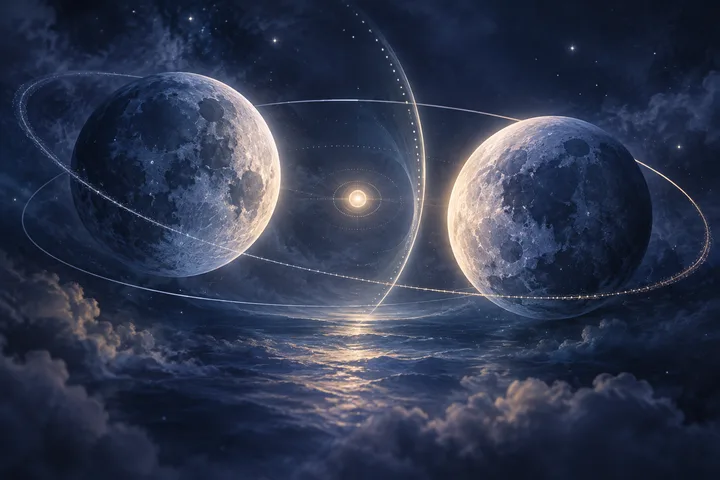 Two large cratered spheres float above reflective water and clouds, surrounded by curved glowing orbital lines and a small bright sphere between them.