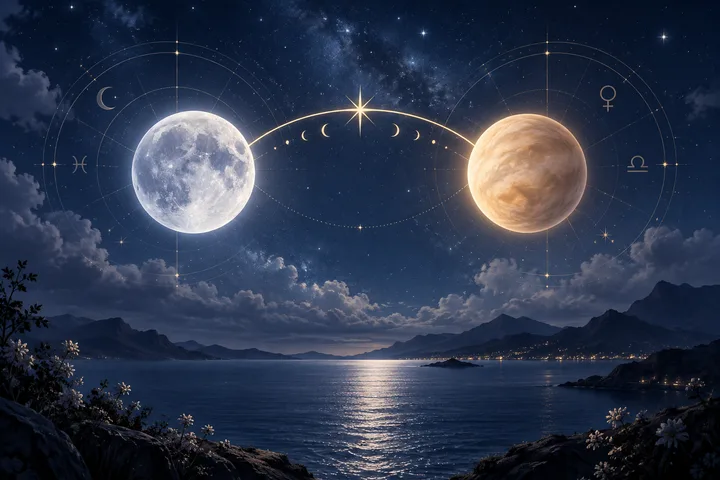 Night seascape with mountains, stars, a large white moon, a glowing golden sphere, and circular celestial symbols in the sky.