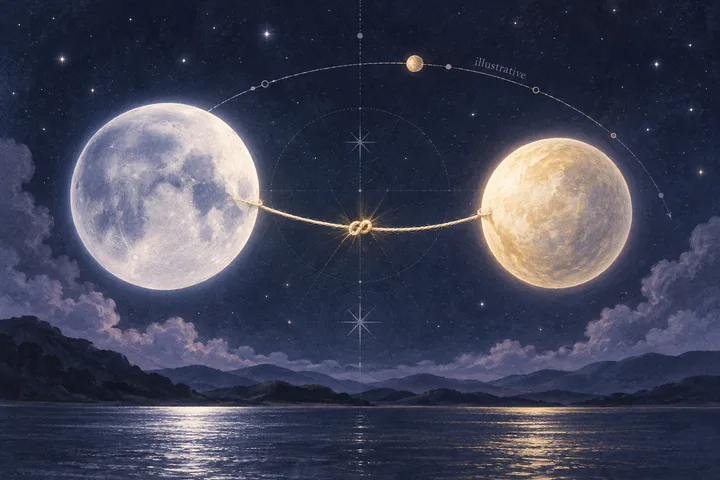 Two glowing moons over a dark lake, joined by a golden cord with a knot; a starry sky includes circular diagrams and the word "illustrative."