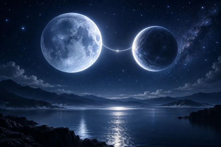 A bright pale moon and a darker blue moon connected by a thin glowing line above a moonlit mountain lake.
