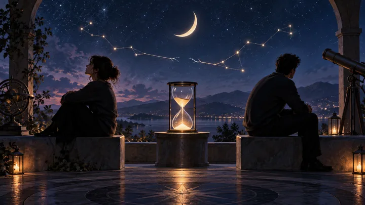 Two people sit apart beneath a crescent moon and constellations, with an hourglass between them, a telescope nearby, and an illustrative celestial compass on the terrace floor.