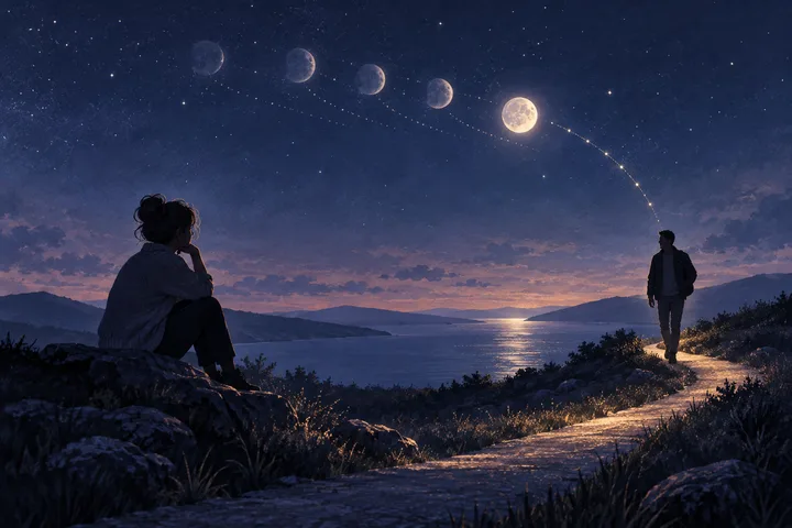 Two people stand apart on a moonlit coastal path beneath a sequence of moon phases, with one person waiting in the foreground and the other approaching from a distance.