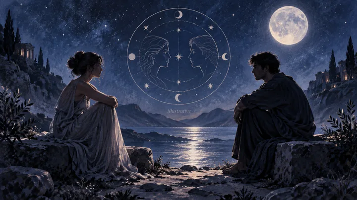 Moonlit indigo scene of two figures facing one another beneath an illustrative star chart, symbolizing a repeated conflict and the possibility of a new beginning.