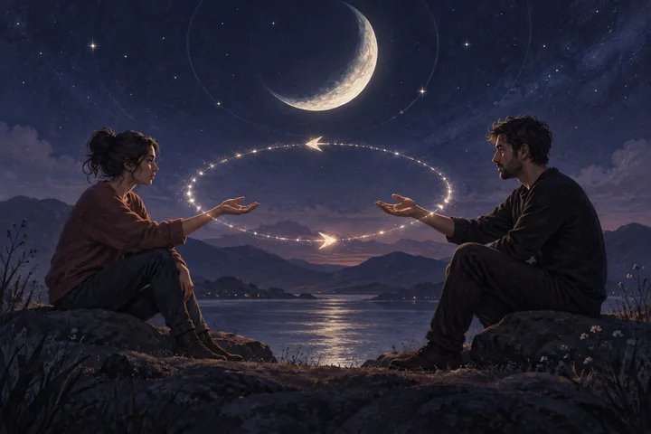 Moonlit indigo illustration of a glowing lunar path between two figures, representing emotional safety and the first response after conflict.