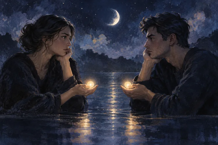 Moonlit indigo image of two people holding glowing orbs beneath illustrative planetary symbols, representing shared effort after conflict.