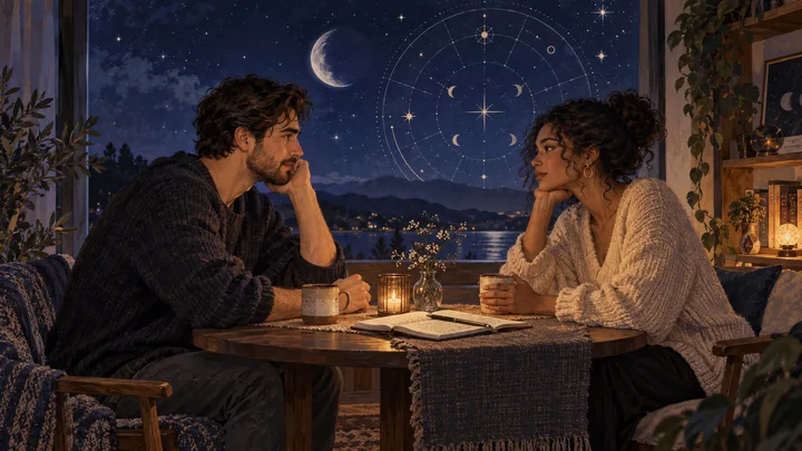 Two partners sit across from each other after a difficult conversation, listening beside an open notebook and warm cups beneath a moonlit indigo sky with a subtle illustrative astrological chart motif.