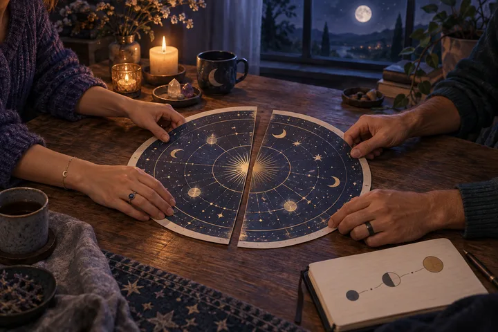 Two partners' hands align separate symbolic star maps into one larger circular pattern on a candlelit wooden table, with a notebook suggesting the relationship's changing stages over time.