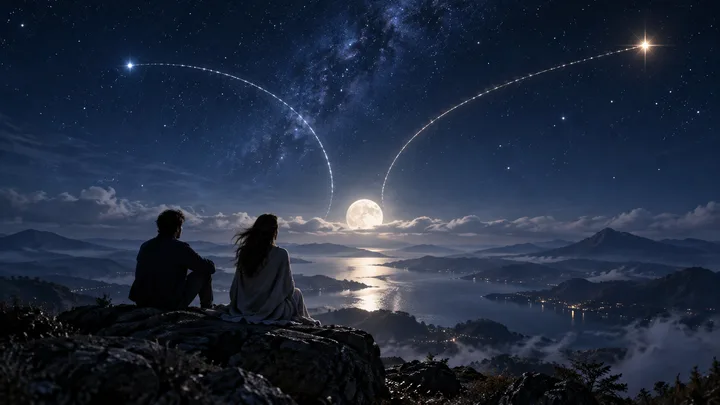 Two silhouetted people sit on a rocky overlook above a moonlit lake, beneath a star-filled sky with two glowing arcs meeting near the moon.
