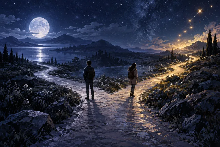 Two people walk along separate paths through a moonlit mountain landscape, with a bright trail of lights winding toward the hills on the right.