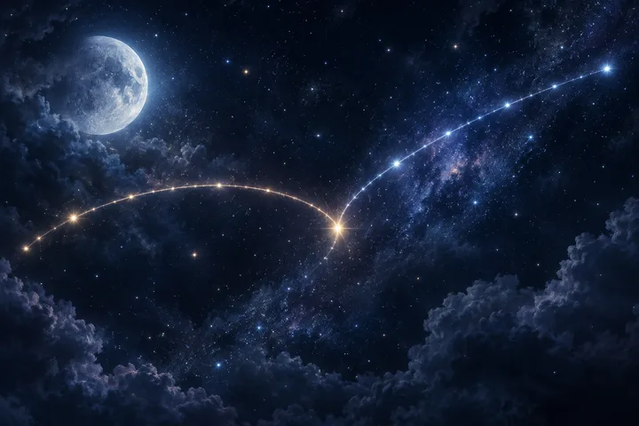 A large moon shines over clouds and a star field crossed by two glowing arcs of light.