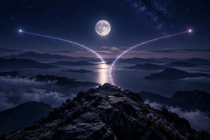 A rocky mountain ridge overlooks a moonlit lake, while two glowing arcs descend from opposite sides and meet near the horizon.