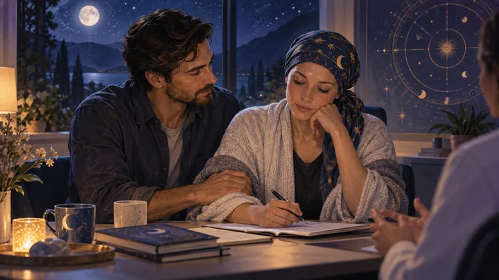 Two partners sit together in a moonlit indigo consultation room, balancing illness, care, and shared decision-making beneath a subtle illustrative celestial chart.