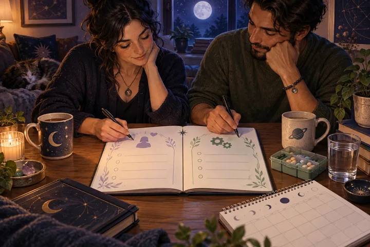 Two partners work side by side at a moonlit table, keeping the patient's wishes separate from the other partner's practical care tasks in an illustrative celestial setting.