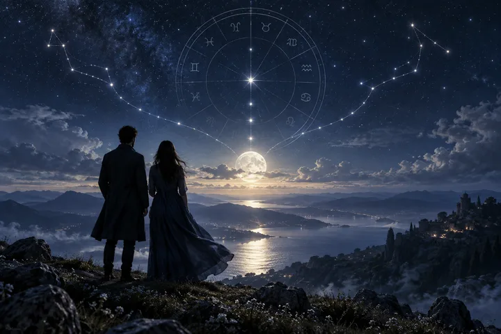 Two silhouetted people stand on a rocky hill overlooking a moonlit lake, beneath stars, constellations, and a faint circular zodiac-like diagram.