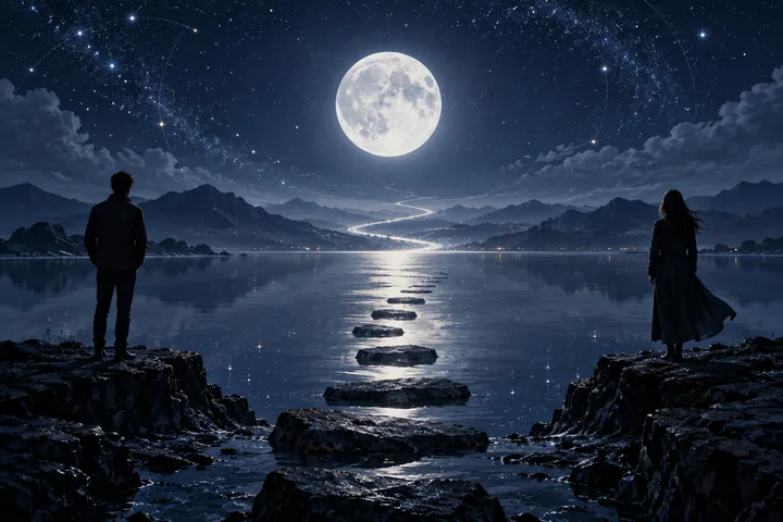 Two silhouetted people stand on opposite rocky shores of a lake, with stepping stones between them and a full moon above distant mountains.