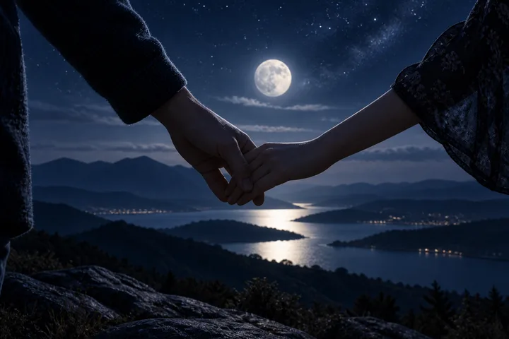 Two people hold hands in the foreground, with a full moon shining over a lake and layered mountains behind them.