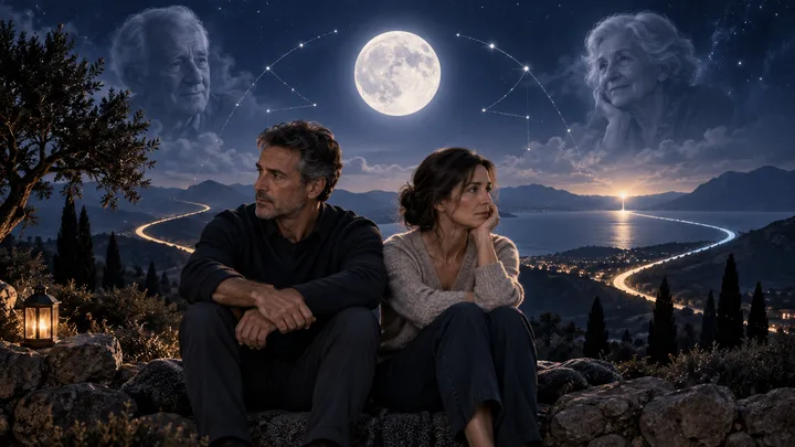 A couple sits beneath an indigo moon and branching star paths, with two older faces appearing in the night sky behind them.