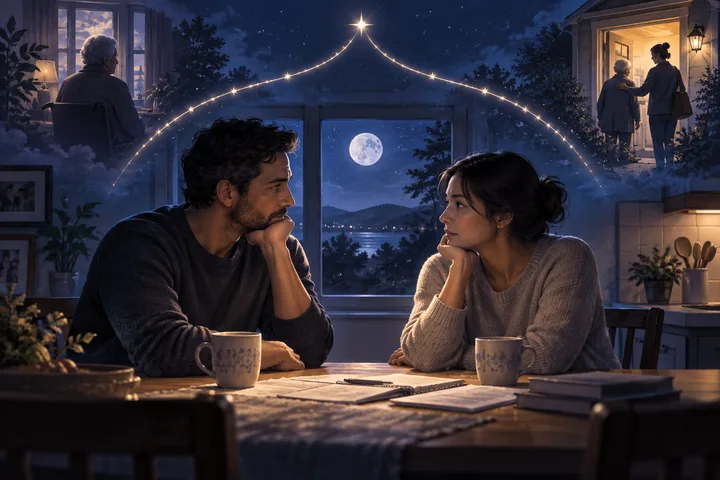 An illustrative Moon and fourth-house chart motif surrounds a couple at a table, with a handwritten care plan and a doorway suggesting home and family duty.