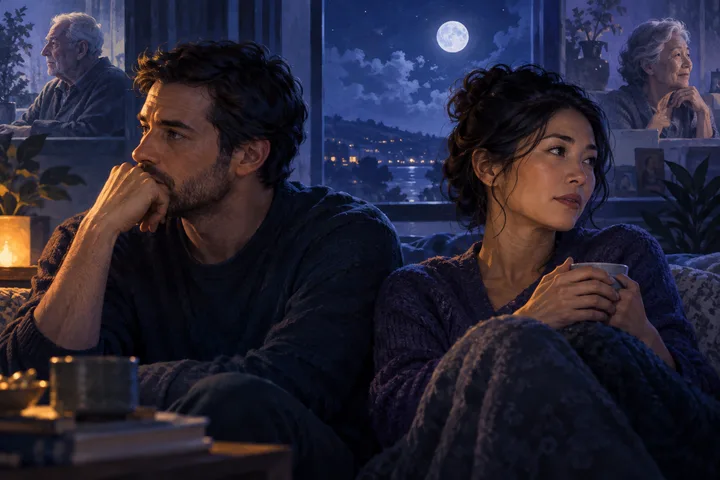 A couple sits apart on a sofa while older family members appear in the windows behind them under an indigo moon.