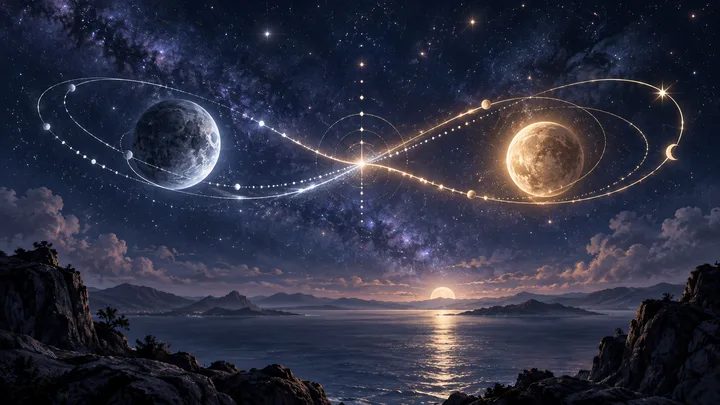 A moonlit lake between rocky cliffs and mountains beneath a star-filled sky, with two large moons and glowing orbital paths overhead.