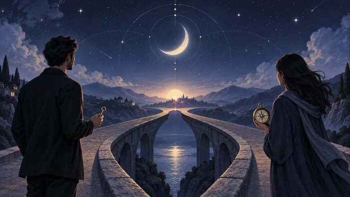 Two people stand on separate stone bridge paths facing a distant town; one holds a key and the other holds a compass beneath a crescent moon.